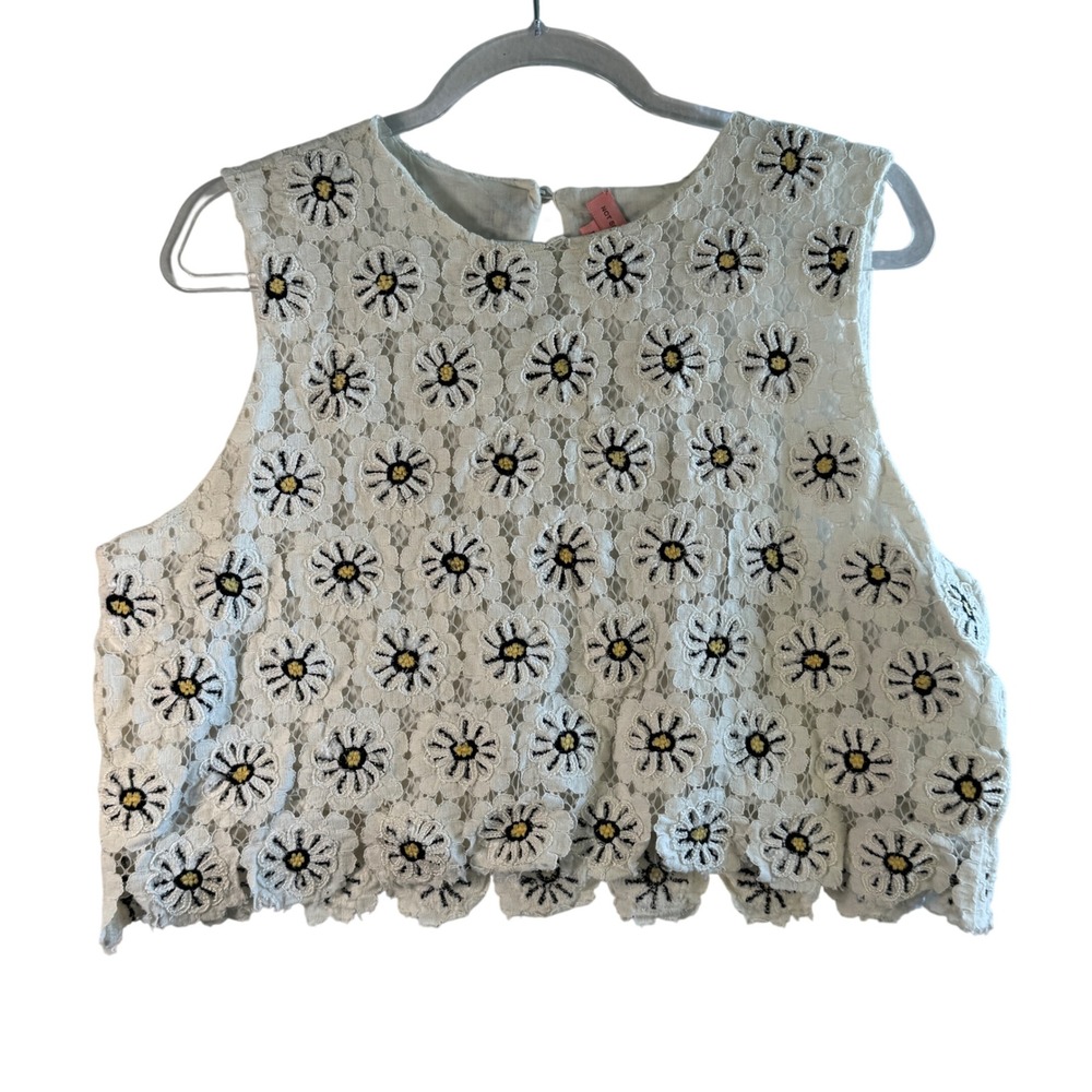 Not So Serious Daisy Lace Crop Top White Floral Embroidered Sleeveless L Boho